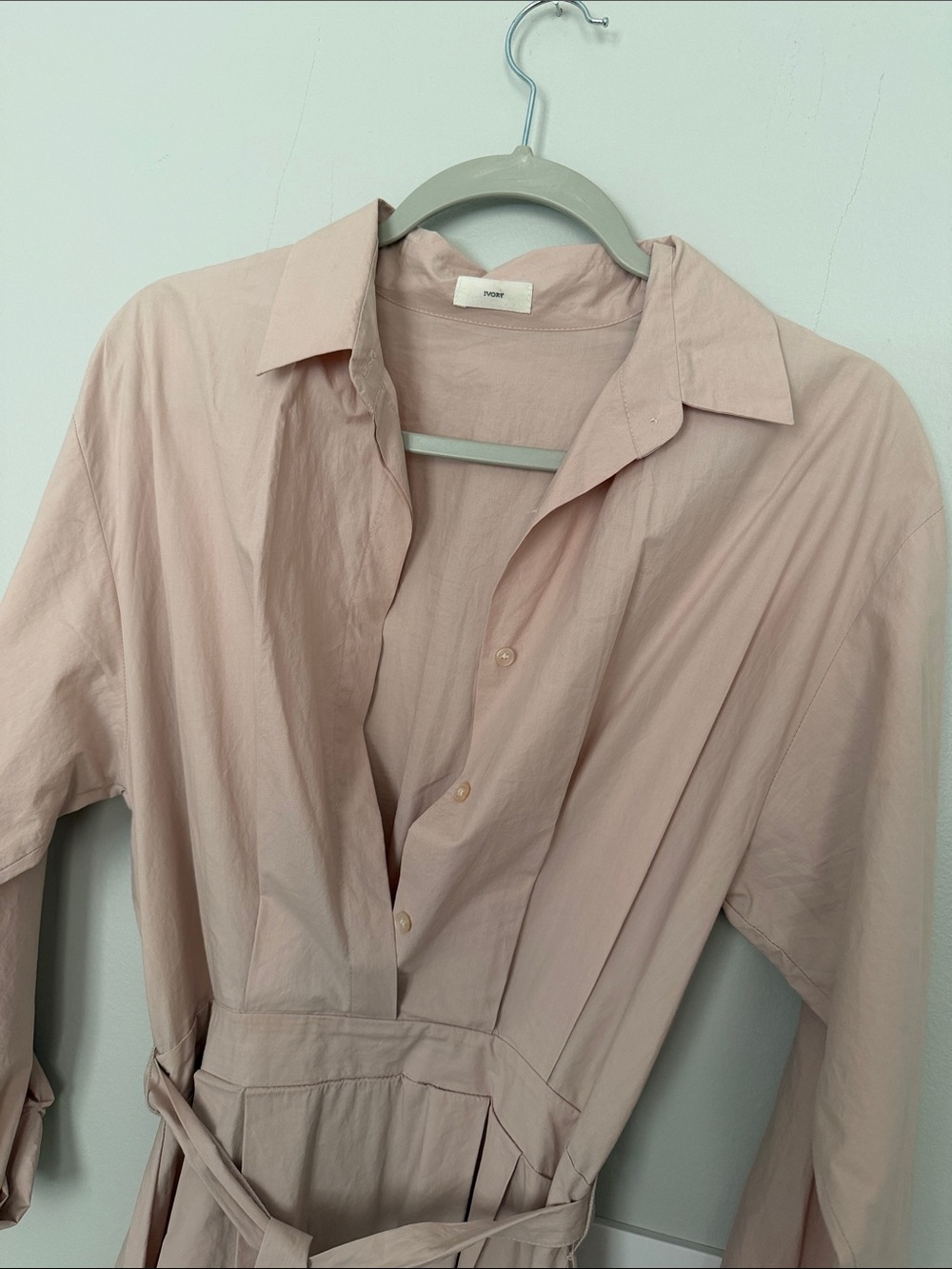 IVORY Blush Pink Shirt Midi Dress with Tie Waist